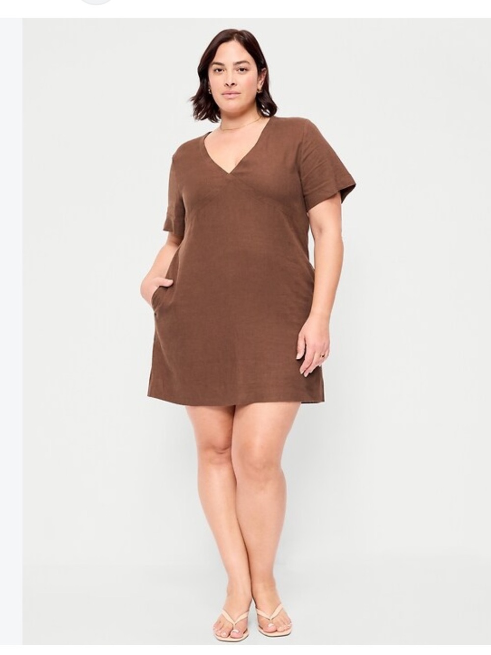 Old Navy Brown V-Neck Short Sleeve Shift Linen Mini Dress